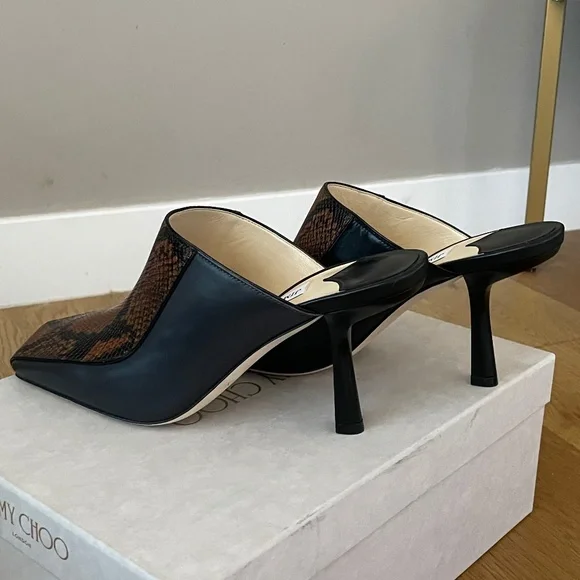 Jimmy Choo Marcel 85mm Snake Effect Leather Square-Toe Mules (Black Tan) - Picture 10 of 15